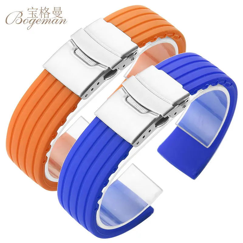 

1pcs 20mm 22mm 24mm Black Silicone Watchband Rubber Fold Clasp with Safety Bracelet Wrist Strap Light Soft for Men Sport Watch