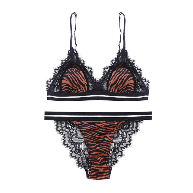 New Summer Sling Bra Set Sexy Leopard Lace Style Women Underwear Wire-Free Triangle Cup Comfortable Lingerie and T Panties Set Orange