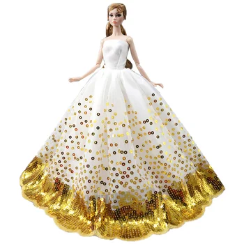 

NK 2020 One Pcs Doll White Gold Beads Dress Princess Wedding Dress Noble Party Dress For Barbie Doll Accessories Best Gift 093