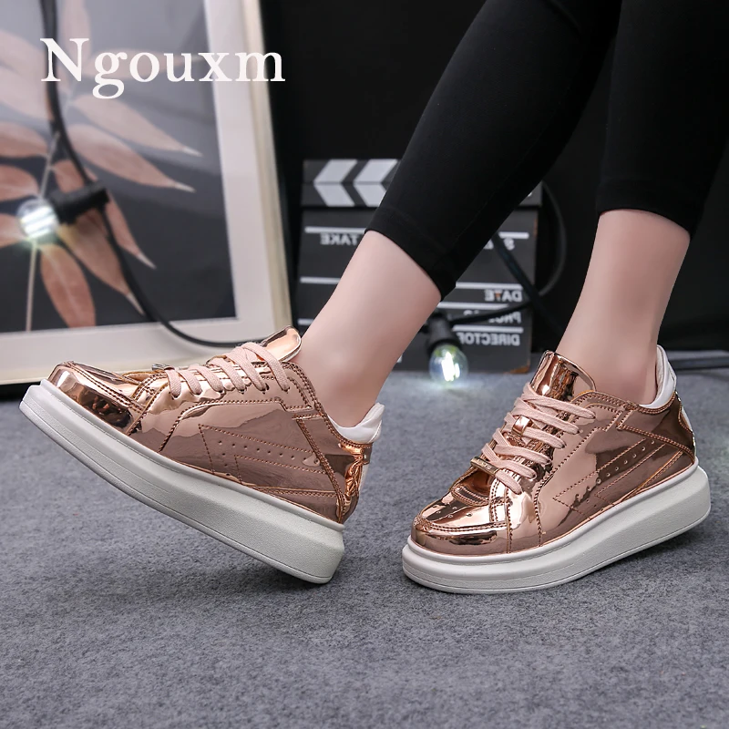 

Ngouxm Women Flat Patent Leather Platform Ladies Shoes Woman Sneakers Casual Golden Lace Up Rose Gold Height Increase Shoes