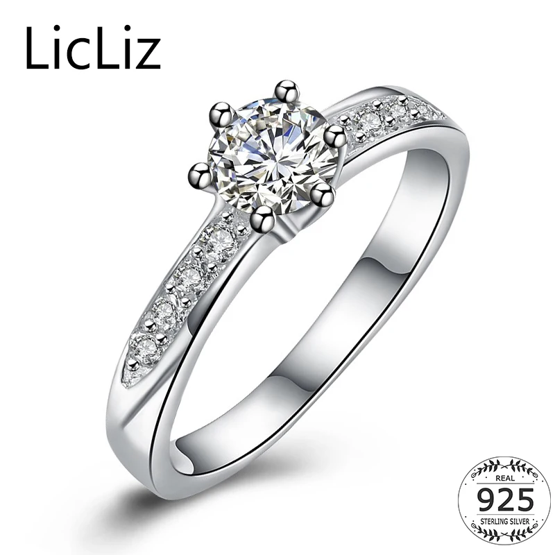 

LicLiz Real 925 Sterling Silver Solitaire Ring Engagement Wedding Bands Women Finger Micro Pave CZ Zirconia Eternity Ring LR0554