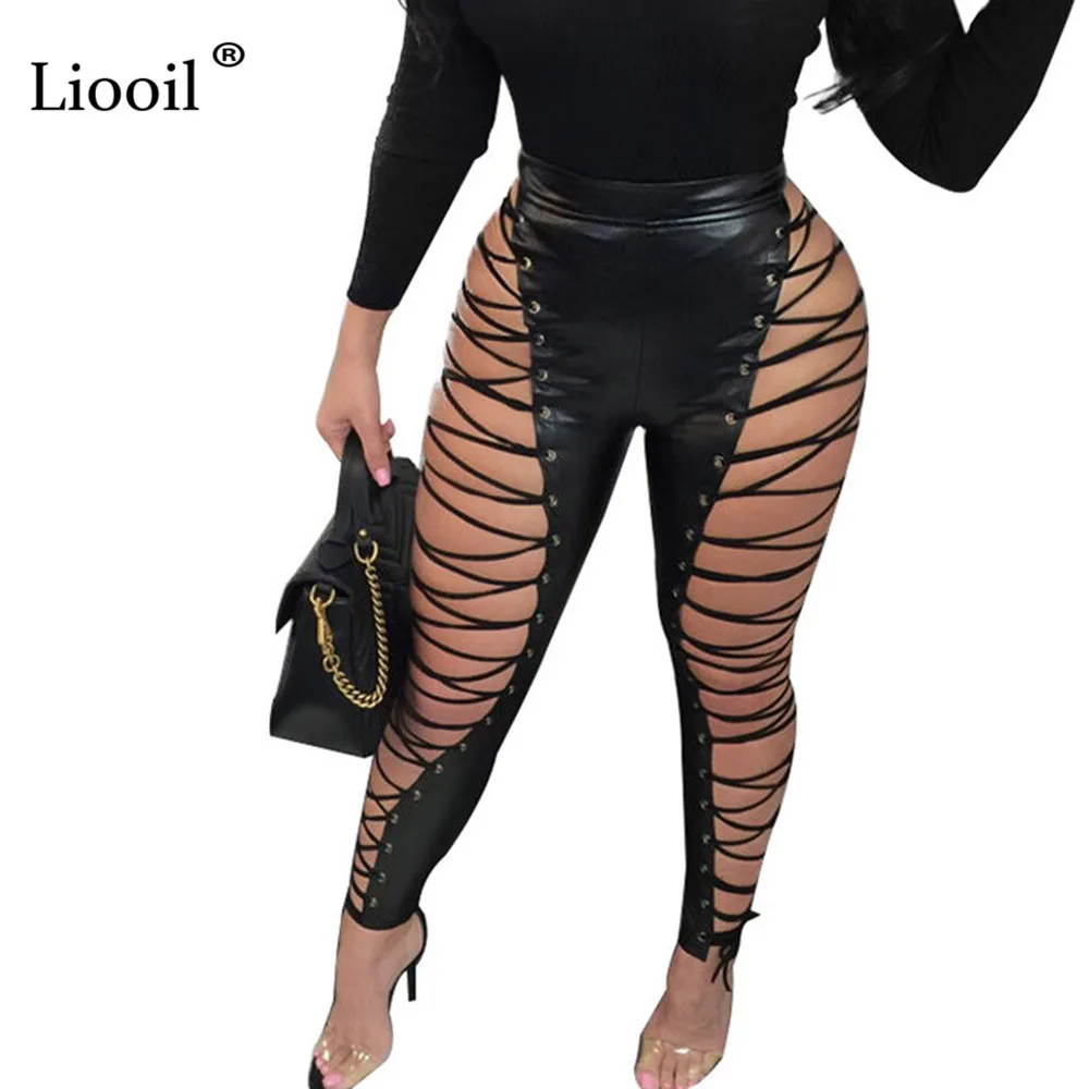

Liooil Black White High Waist Lace Up Leather Long Pants Women Sexy Club Hollow Out Drawstring Zipper Woman Party Pants Trousers