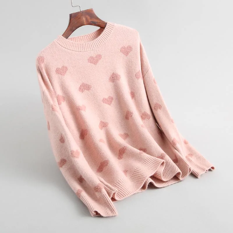 

J290 New Arrival Ladies Sweet Heart Print O Neck Pullovers Sweater Korean Chic Long Sleeve Match All Sweaters Soft Jumpers Tops