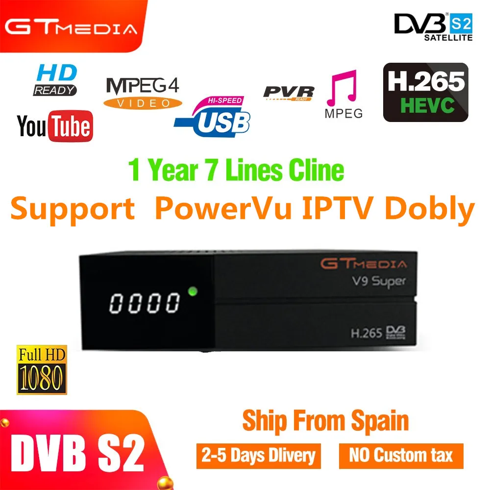 

Gt Media Satellite tv receiver dvb s2 v9 super H.265 HD 1080P support Dobly IPTV PowerVu Biss key & 1 year spain europe Cccam