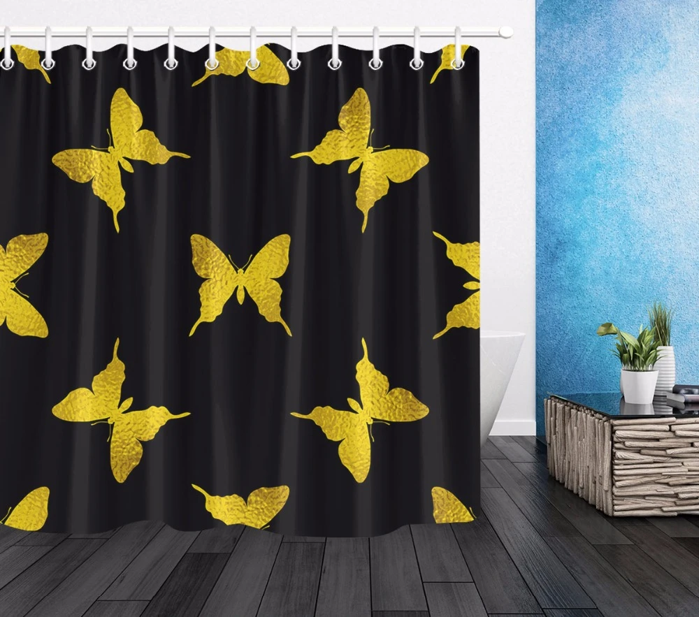 Kupu Kupu Emas Polyester Shower Curtain Hitam Kamar Mandi Ramah Lingkungan Tahan Air Mudah Dicuci Kain Mandi Tirai Dekorasi Rumah 12 Kait Shower Tirai Aliexpress