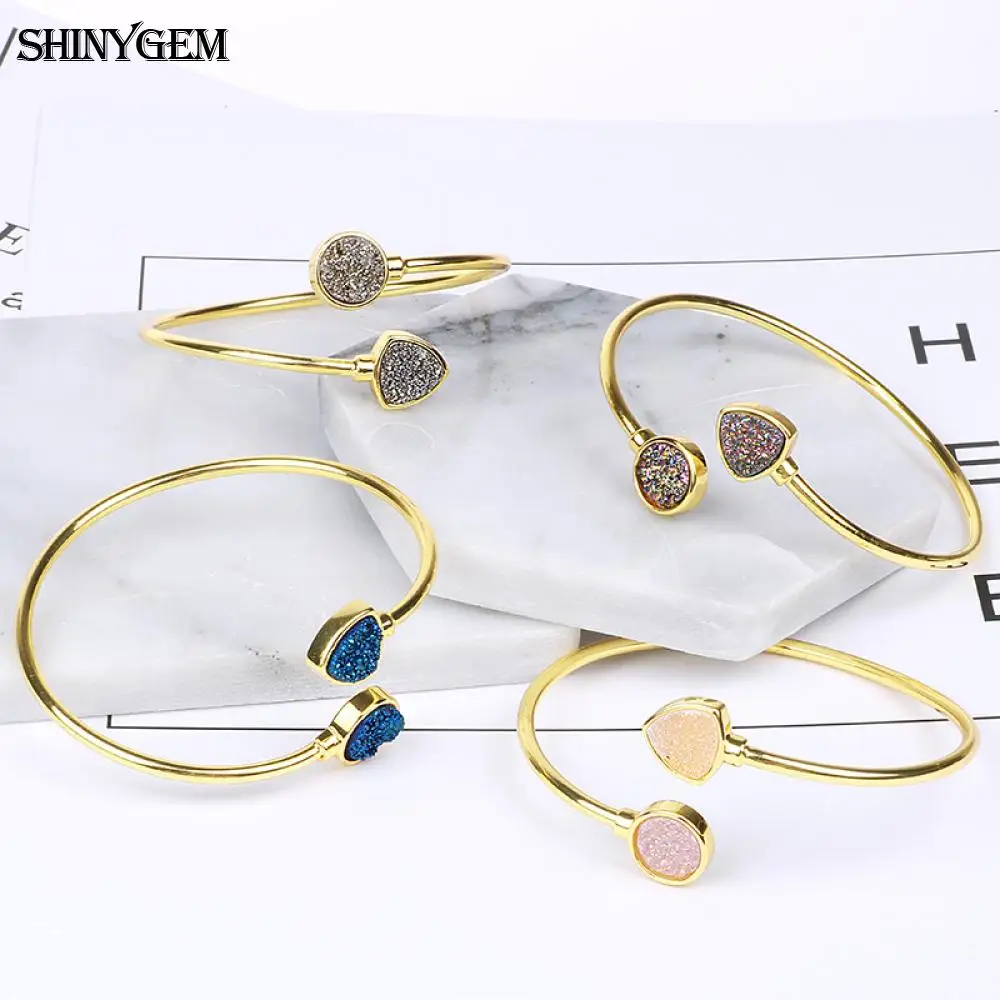 Браслеты ShinyGem, винтажные, сверкающие, Druzy, с кристаллами, открытые, позолота, треугольник, Круглый, натуральный, Druzy камень, браслет, браслеты для женщин