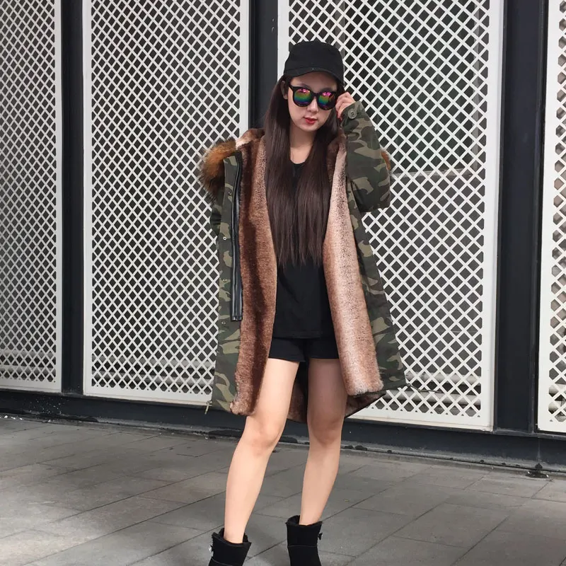 

Camoflage long parka winter natural faux thickness fur lined,mr mrs casual warm fur coat in 2018