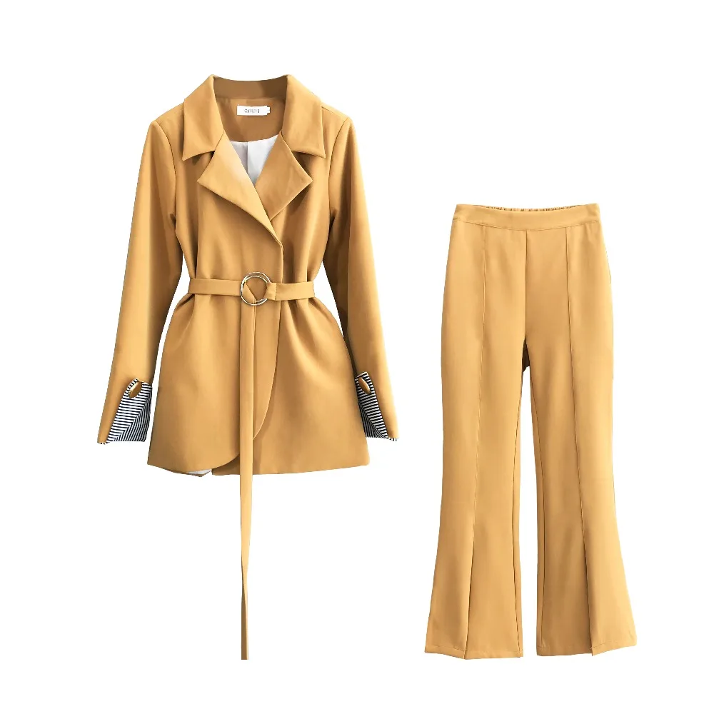 

BGTEEVER Fashion Lace Up Women Pant Suit Slim Waist Blazer & High Waist Flare Pant OL Style Female 2 Pieces Set 2018
