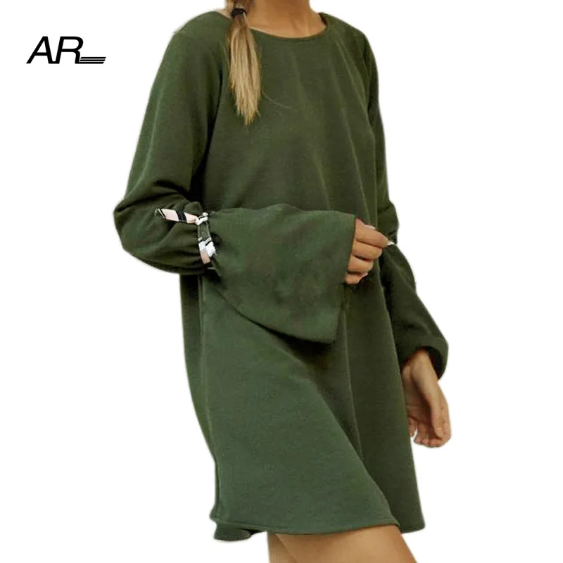 AR Sexy Backless Bandage mini Dress Summer Womens Long Sleeve Bow Cuff Solid Loose Dresses Women O-Neck Casual Short | Женская одежда