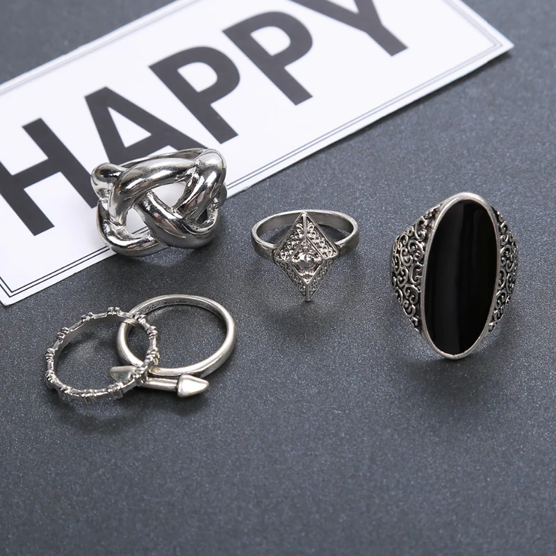 docona 5pcs/Set Fashion High Quality Bohemia Style Rings Set Classic Shape Pattern Crystal Pendant for Women Charm Jewelry