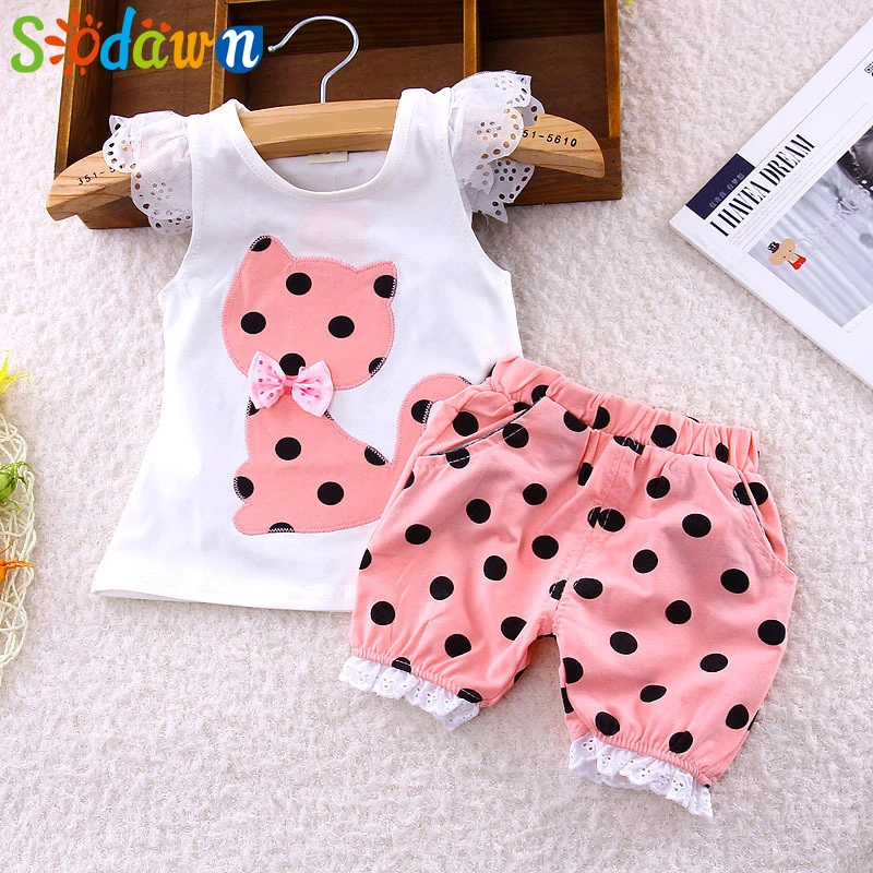 

Sodawn Kid Clothes Summer Clothes For Girls 2019 New Bow Cat Flying Sleeve Short Sleeve + Dot Shorts 2Pcs Baby Set Girls Clothes