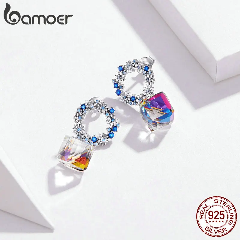 bamoer Austrian Crystal Cube Wreath Dangle Earrings 925 Sterling Silver Flower Women Wedding Statement Jewelry Gifts BSE202