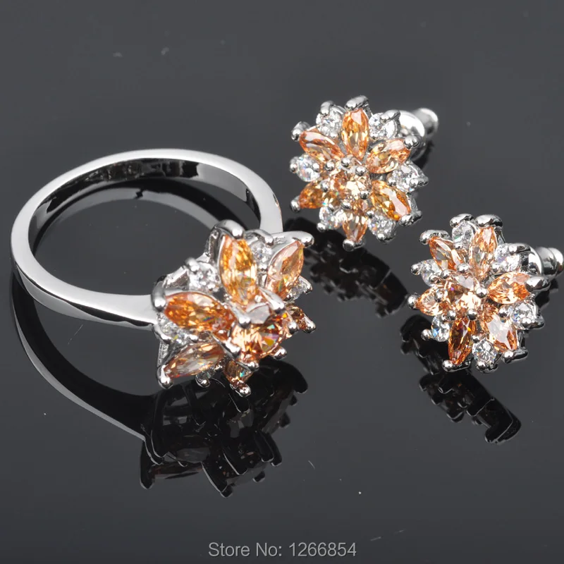 

Flower Shape Brown Morganite For Women Silver Jewelry Sets Earrings/Rings Free JS0191
