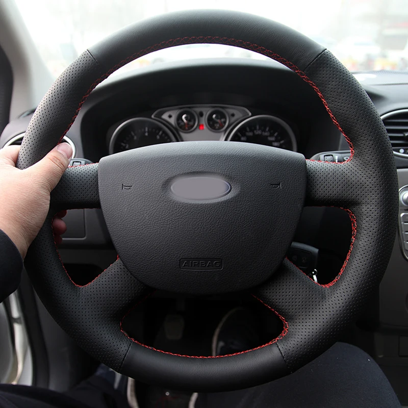 

Free Shipping High Quality cowhide Top Layer Leather handmade Sewing Steering wheel covers protect For Ford Focus