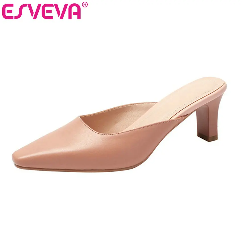 

ESVEVA 2019 Women Pumps Comfortable Sheepskin Slingback Sexy Pointed Toe Fashion Square High Heel Sandals Concise Size 34-39