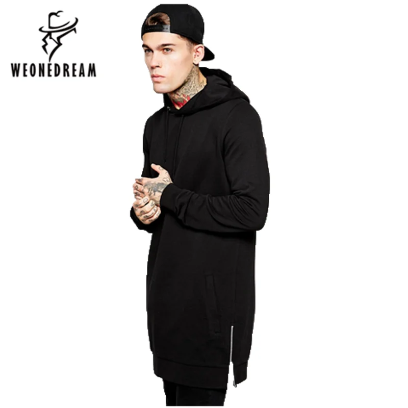 

WEONEDREAM New Arrival Fashion Men's Long Black Hoodies Sweatshirts Feece With Side Zip Longline Hip Hop Streetwear Shirt