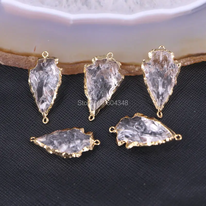

5pcs Natural Quartz Stone Connectors, Arrow shape Gold color Drusy Gem Stone Beads For Jewelry Making