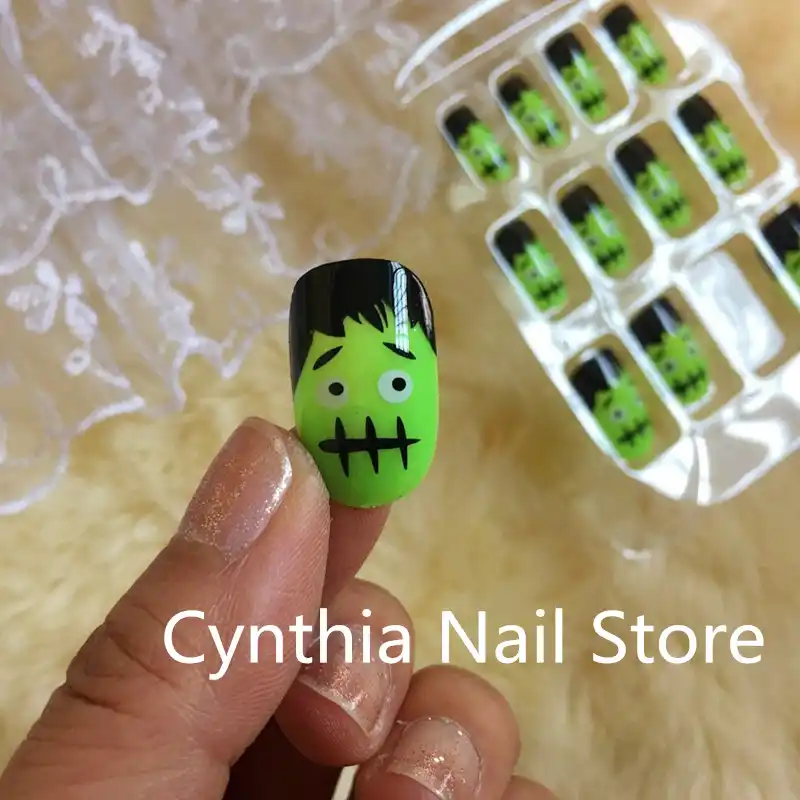 Medium Long Nails Green Face Halloween Day Nail Witch Claw Fancy Dress Nail 12pcs Halloween Gift Full Cover False Press On Nail Aliexpress