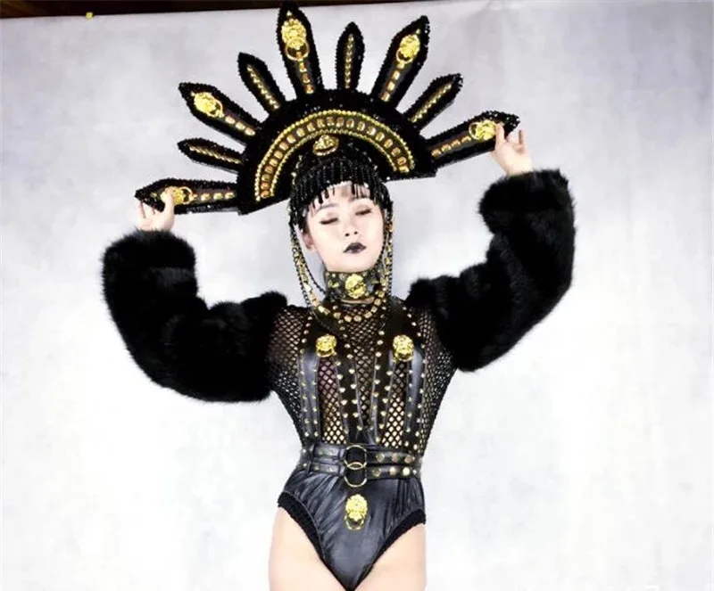 

Halloween DS Black Nightclub Ballroom Costume With Headwear Catwalk TV Show Masquerade Cosplay Performance Clothes