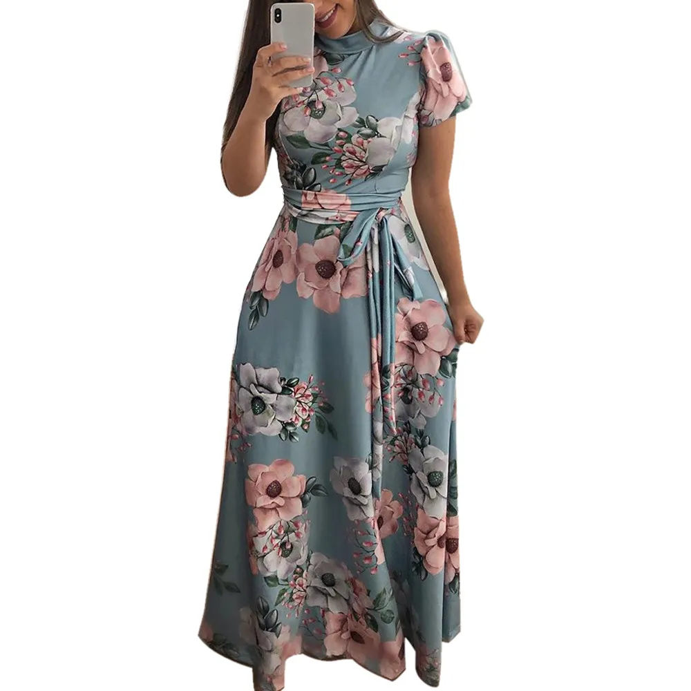 Для женщин Бохо с цветочным принтом с коротким рукавом длинное платье Элегантный Винтаж с круглым вырезом пляжные летние платья халат longue#30 - Цвет: Sky Blue