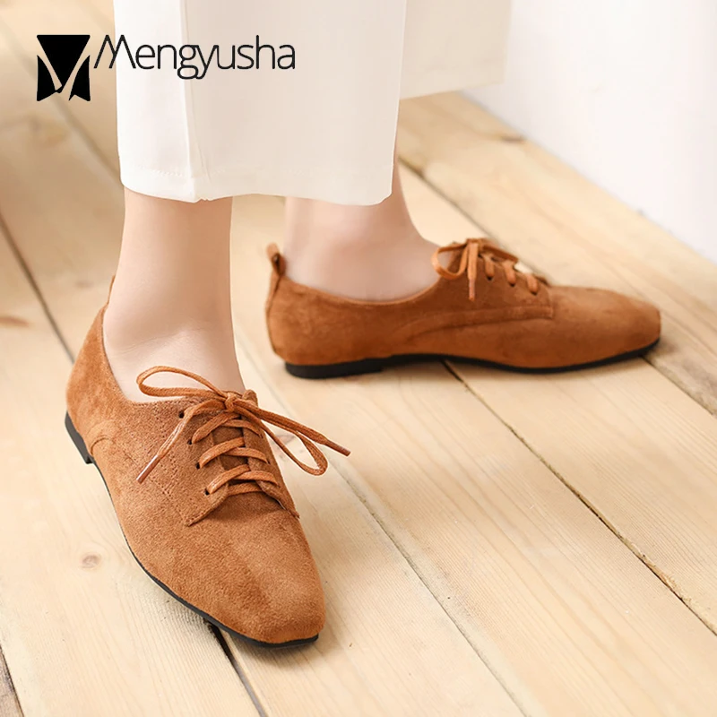 

2019 New arrivals flats cross strap oxford shoes women high quality flock square toe derbies flats ladies dress single shoes