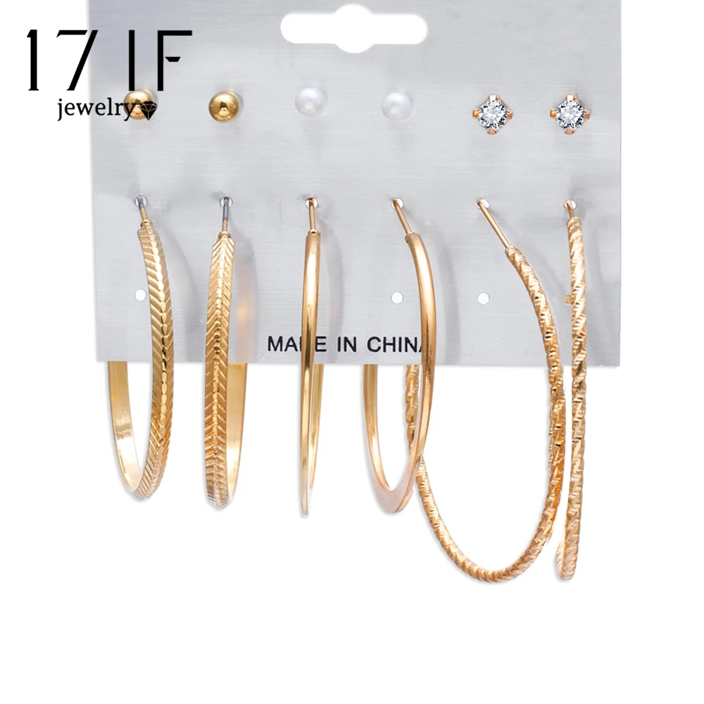 

17IF 6 Pairs/Set Simulated Pearl Clip Cuff Earring Set For Women Vintage Punk Gold Silver Color Crystal Earrings Party Jewelry