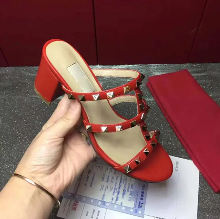 

Newest 2019 Luxury Brand Design Leather Women Stud Sandals Slingback Pumps Ladies Sexy High Heels Silppers Fashion Rivets Shoes