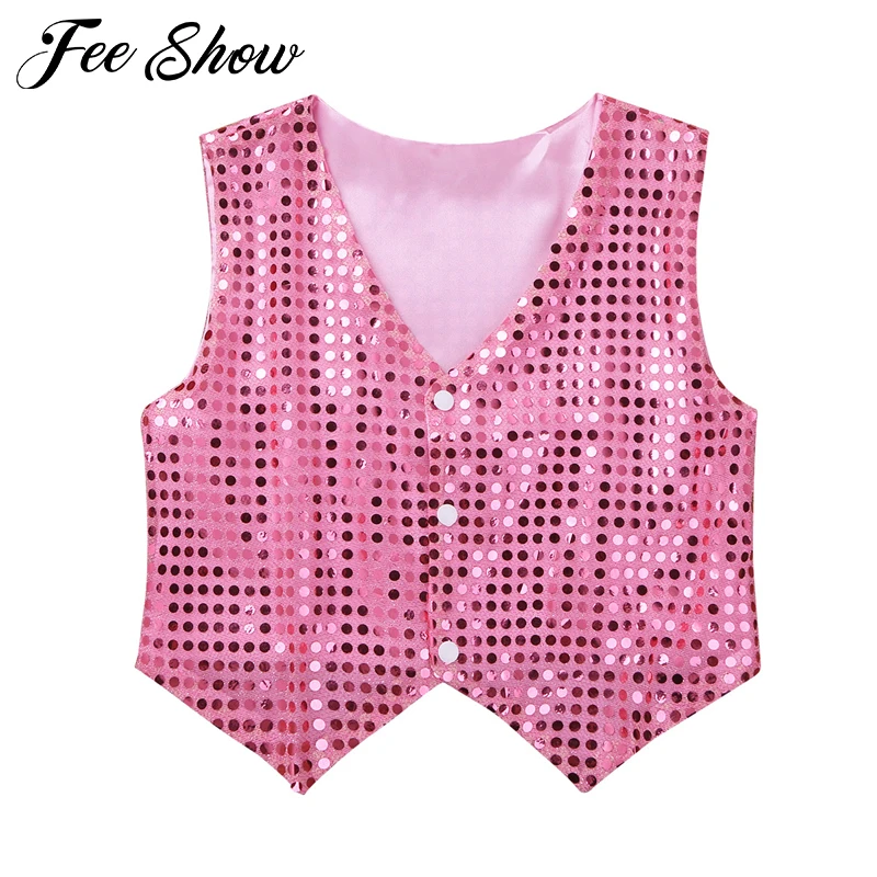 

Teen Boys Girls Jazz Vest Children Glitter Clothes Choir Performance Costume Kids Hip-hop Jazz Dance Sequined Vest Waistcoat