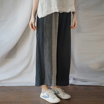 

SCUWLINEN 2020 Spring Summer Women Pants Vintage All-match Casual Striped Patchwork Plus Size Elastic Waist Long Linen Pant P053