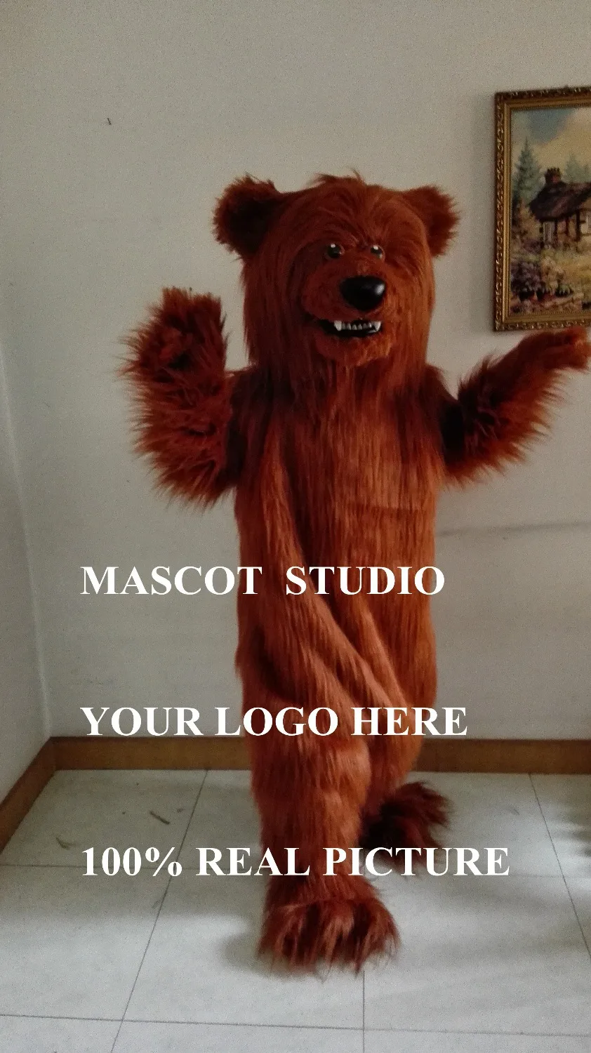 Brown Grizzly Bear Mascot Long Plush Costume Deluxe Materiale Personalizzato Orso Mascotte Outfit Suit Fancy Dress Personaggio Dei Cartoni Animati