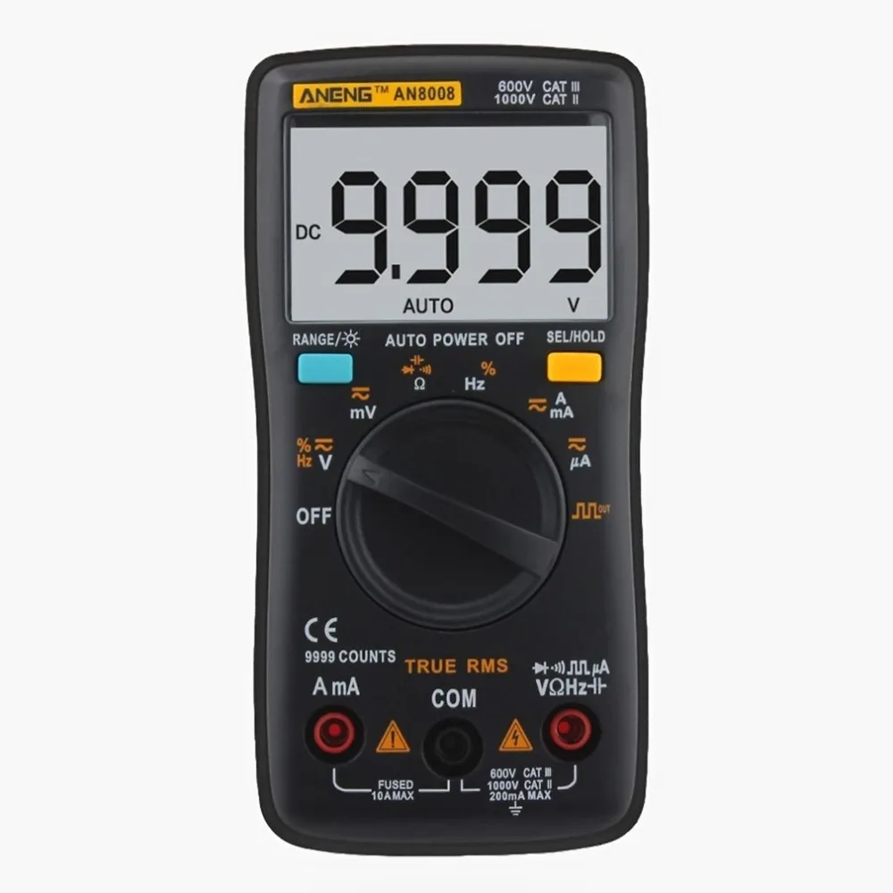

AN8008 Digital Multimeter 9999 Counts True RMS Auto/Manual Range AC/DC Volt Amp Ohm Capacitance Frequency Diode Tester