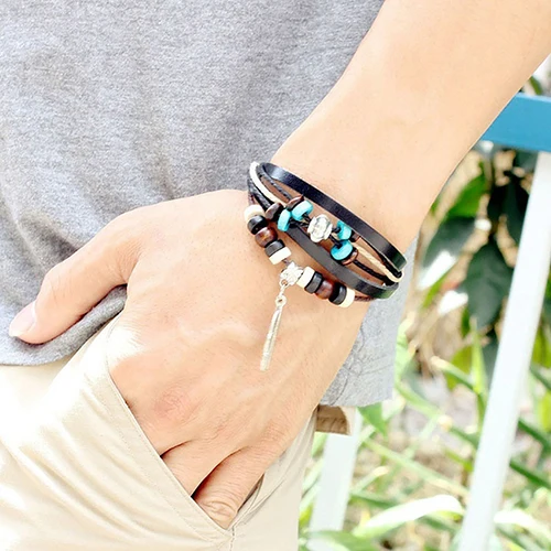 Unisex Vintage Indian Multilayer Braid font b Wooden b font Bead Feather Faux Leather font b