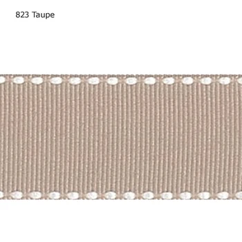 

5/8" inch 16mm White saddle stitched taupe grosgrain ribbon
