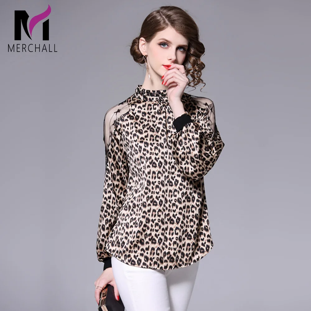 

Merchall 2019 Spring Fashion Runway Leopard Print Casual Top Women's Long Sleeve Ruffles Collar Elegant Office Lady Blouse Shirt