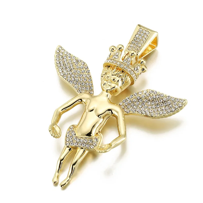 

Hip Hop Jewelry Angel With Crown Pendant Iced Out Shining Zircon Gold/Silver Charm Necklace Chain Men Stainless Titanium Jewelry