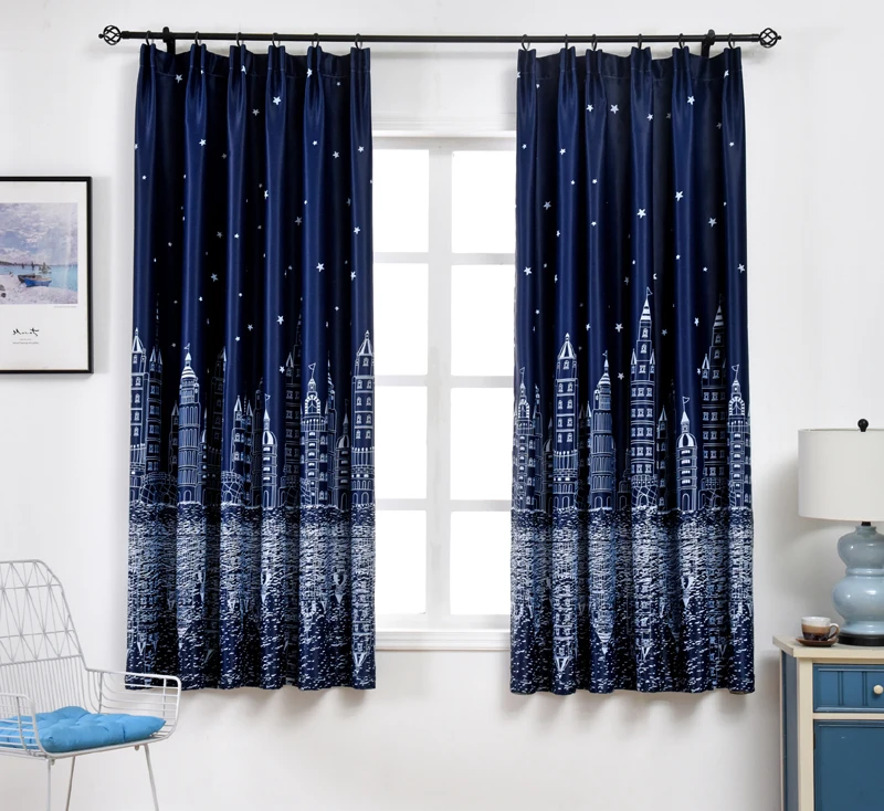 Modern Printed Castle Coffee Color Blackout Curtain For Kids Boys Bedroom Navy Blue Short Curtain Kitchen Window Drapes PC009D3