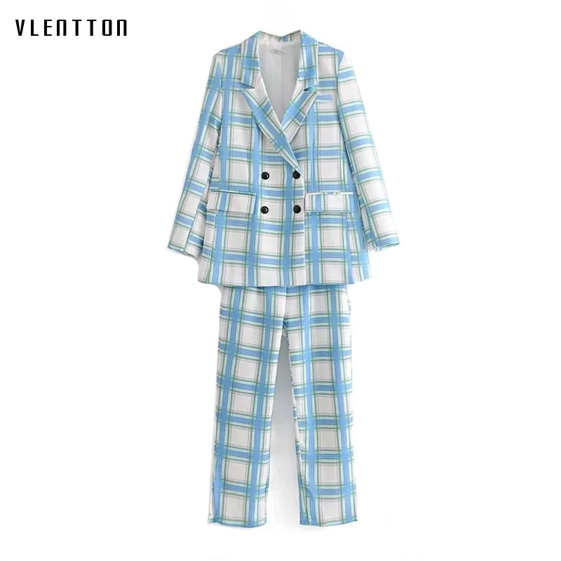 

Spring Vintage Women's Pant Suits Double Breasted Long sleeve Office Blazer Jacket And Nine Pants Sets Plaid 2 Piece Set Women