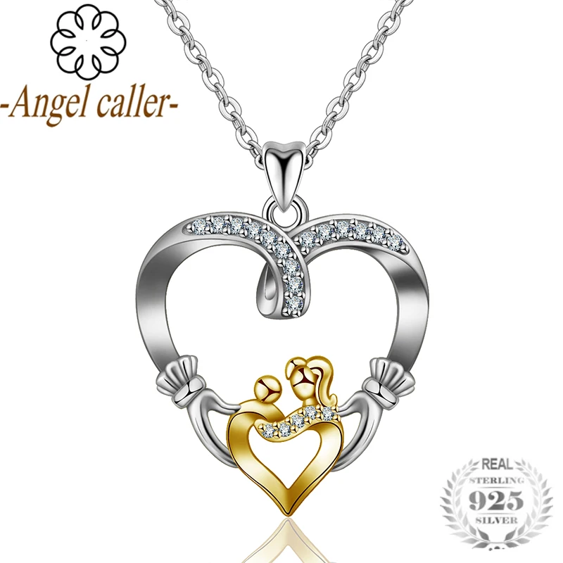 

Angel Caller 925 Silver Gold Mother Love Heart Pendant Mom Hand in Hand Baby Double Hearts Charm for Mother's Day Gift Jewelry