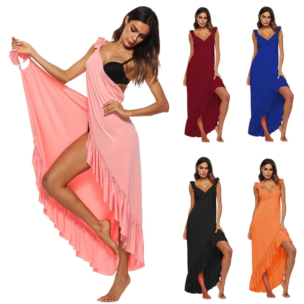 

Sexy Backless Women Summer Solid Dress Hem Irregular V-neck Spaghetti Strap Women Long Cover ups Beach Dresses vestidos 5Colors