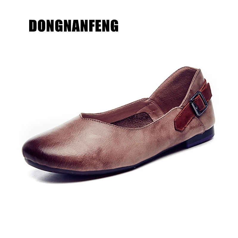 

DONGNANFENG Women Flats Mother Ladies Female Shoes Loafers Retro Cow Genuine Leather Pregnant Pigskin Non Slip On 35-40 LF-1826