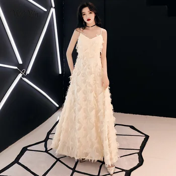 

weiyin Champagne Evening Dresses Elegant Lace Long V-neck Sexy 2020 Special Occasion Dresses Evening Party Gowns WY1092