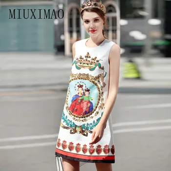 

High Quality 2108 Spring Newest Elegant O-Neck Sleeveless Beading DiamondsTank Print A-Line Fashion Above Knee Dress Women