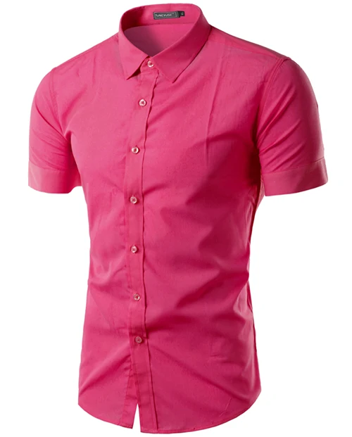 Новинка, летняя мужская рубашка с коротким рукавом, приталенная, Camisa Social Masculina Chemise Homme, для мужчин однотонные деловые рубашки - Цвет: Rose Red