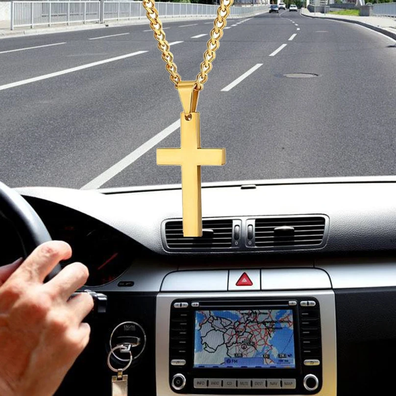 

Car Pendants Men's Stainless Steel Cross Religion Jewelry Auto Rearview Mirror Decoration Accessories Car Hanging Ornaments Gift