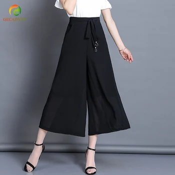 

Women Chiffon Wide Leg Pants Bow Tie Sashes Sweet Elastic High Waist Loose Ankle-length Pants Black OL Trousers Pantalones L-4XL