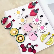 Милые фруктовые Мультяшные лимон, клубника, киви, персик, арбуз, цветок, большие серьги-гвоздики для женщин, девушек, ювелирные изделия для ушей