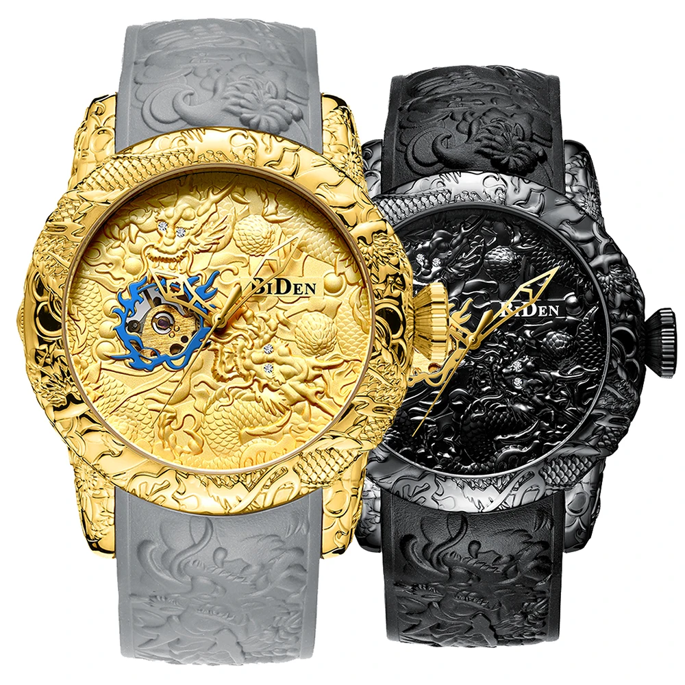 Для мужчин механические часы для мужчин большой часы Золото Полный Черный наручные часы творческий 3D Скульптура Дракон лазерной