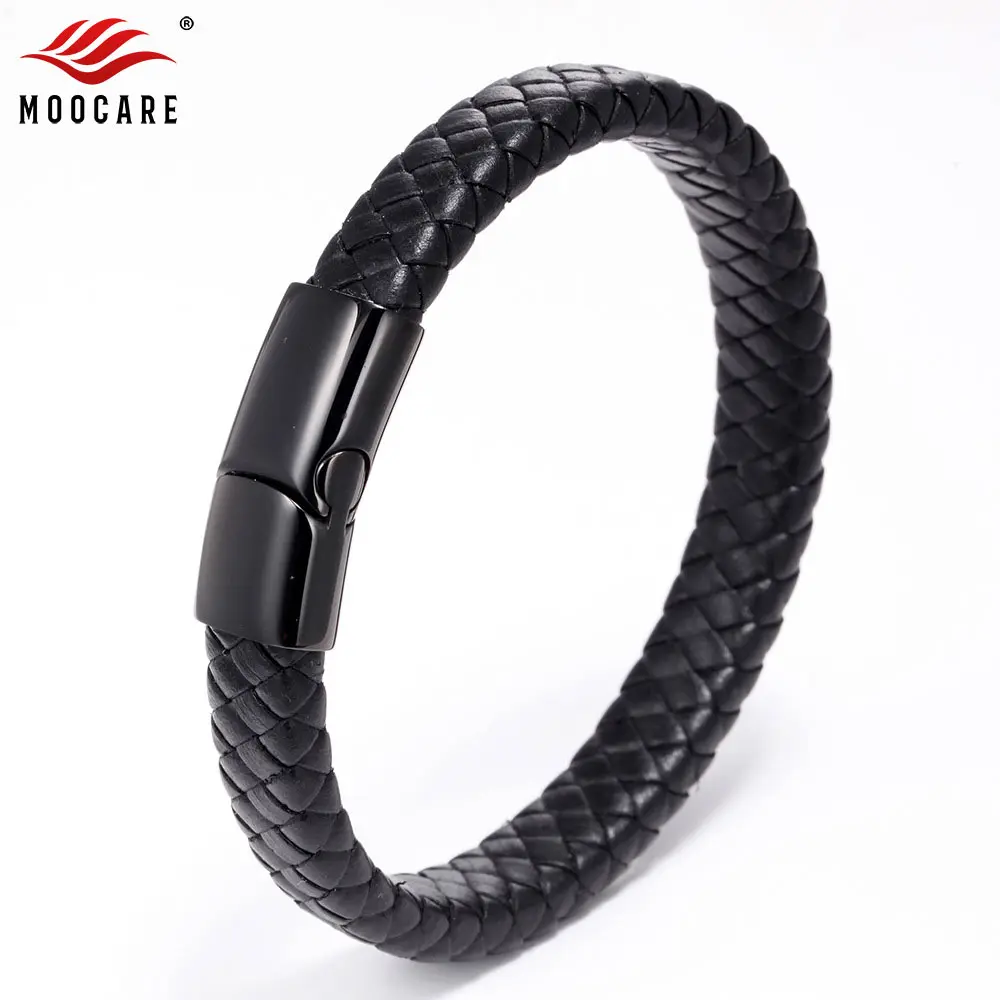 

Moocare Men handmade hand Chain With Stainless Steel Magnetic Clasp Brown Black Weaved male wristband men