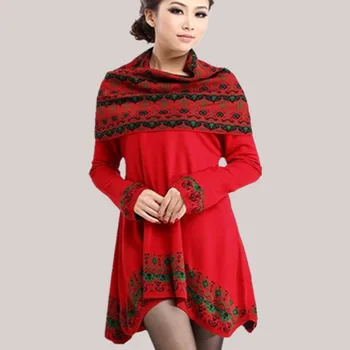 

National style New Autumn Winters Low round Collar Bigger sizes Giving a scarf Irregular Sweater Knit dress Joker