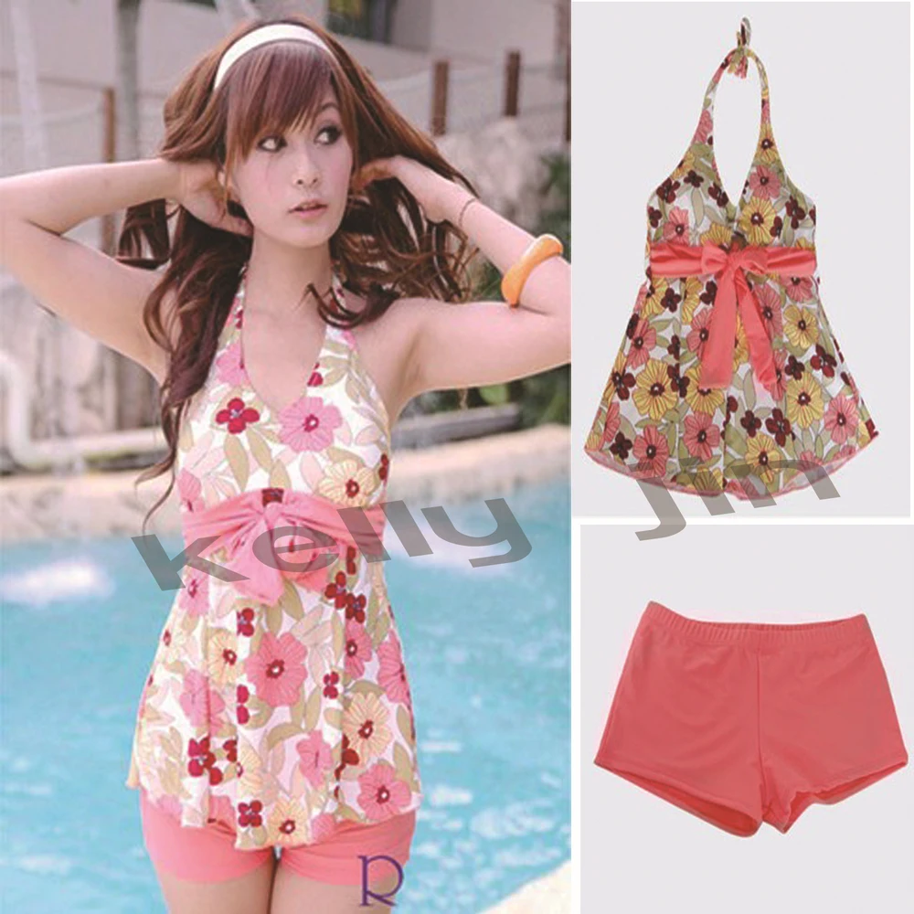 Female Women Pink Floral Halter Padded Tankini Swimsuit+Shorts Swimwear